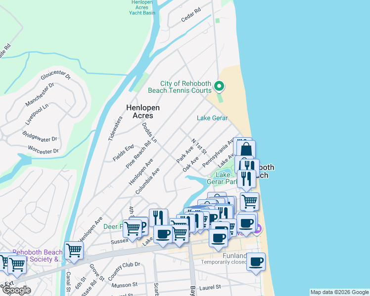 map of restaurants, bars, coffee shops, grocery stores, and more near 43 Park Avenue in Rehoboth Beach