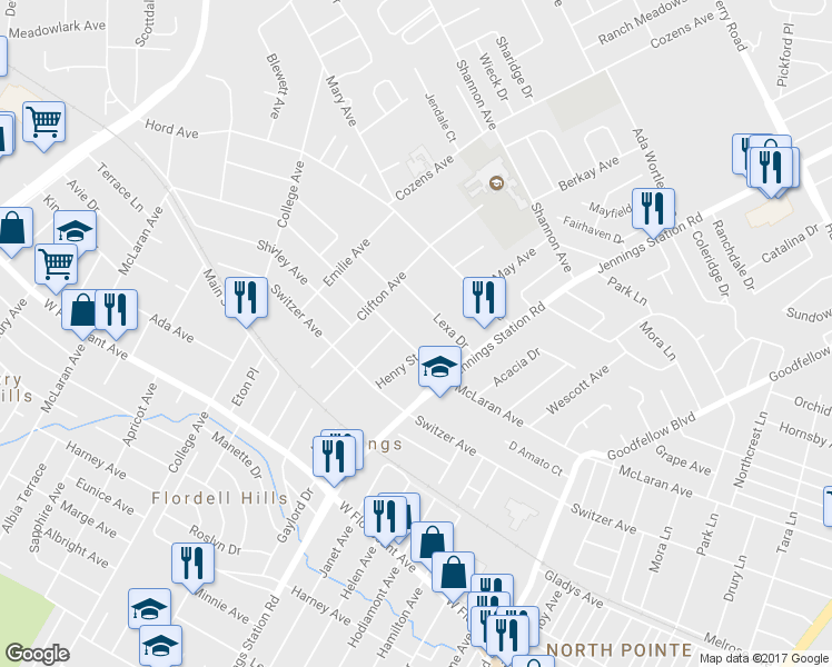 map of restaurants, bars, coffee shops, grocery stores, and more near 2123 McLaran Avenue in Jennings