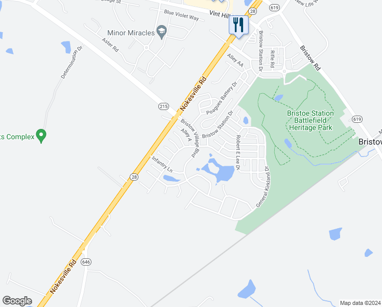 map of restaurants, bars, coffee shops, grocery stores, and more near 11975 Bristow Village Boulevard in Bristow