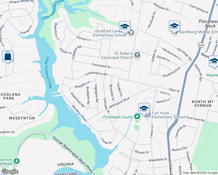 map of restaurants, bars, coffee shops, grocery stores, and more near 8614 Bluedale Street in Alexandria