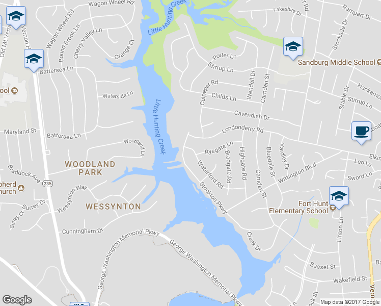 map of restaurants, bars, coffee shops, grocery stores, and more near 8604 Waterford Road in Alexandria