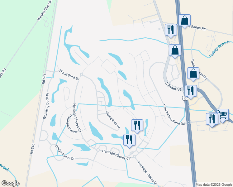 map of restaurants, bars, coffee shops, grocery stores, and more near 23 Waterside Drive in Bridgeville