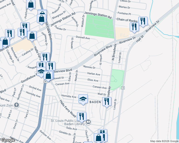map of restaurants, bars, coffee shops, grocery stores, and more near 921 Harlan Avenue in Saint Louis