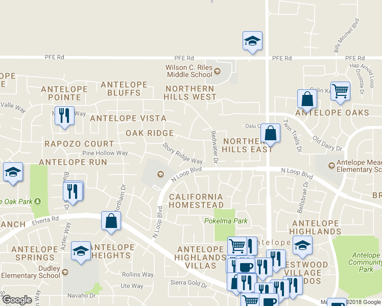 map of restaurants, bars, coffee shops, grocery stores, and more near 8427 Cedar Hill Court in Antelope