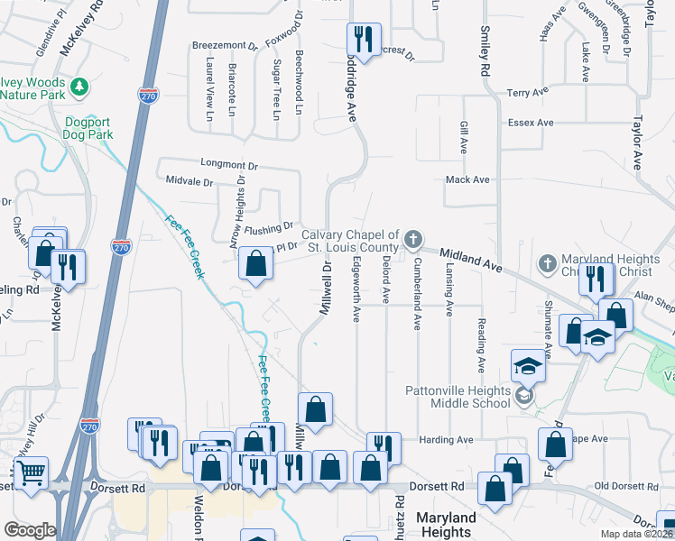 map of restaurants, bars, coffee shops, grocery stores, and more near 708 Midland Ave in Maryland Heights