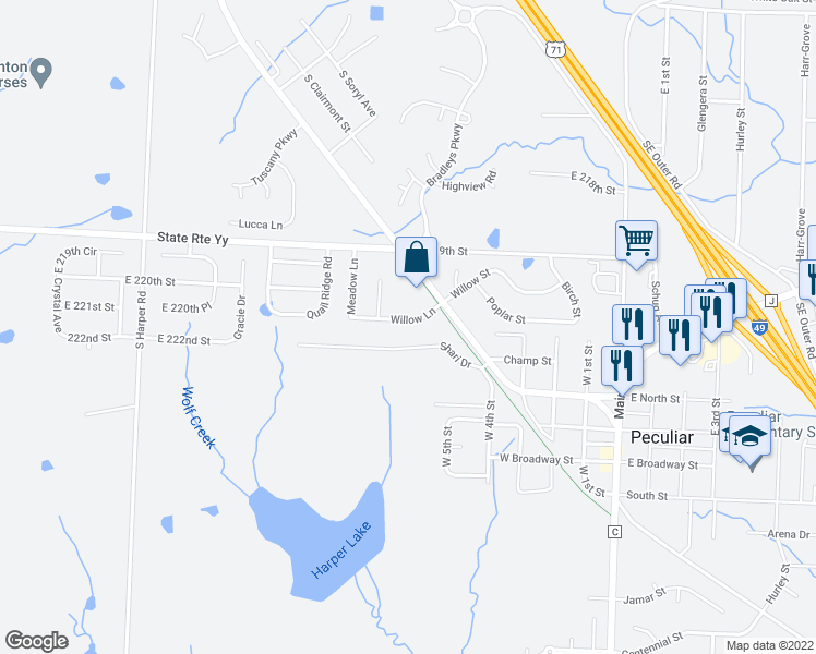 map of restaurants, bars, coffee shops, grocery stores, and more near 615 Willow Lane in Peculiar