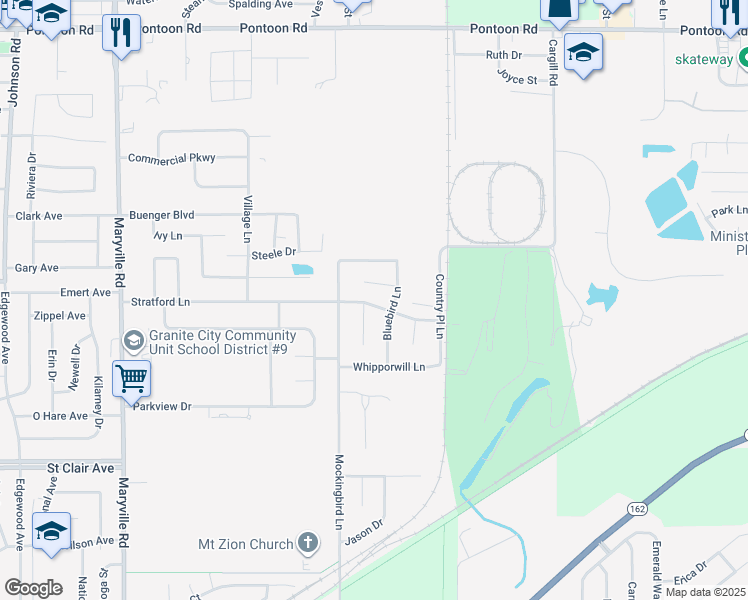 map of restaurants, bars, coffee shops, grocery stores, and more near 2623 Stratford Lane in Granite City