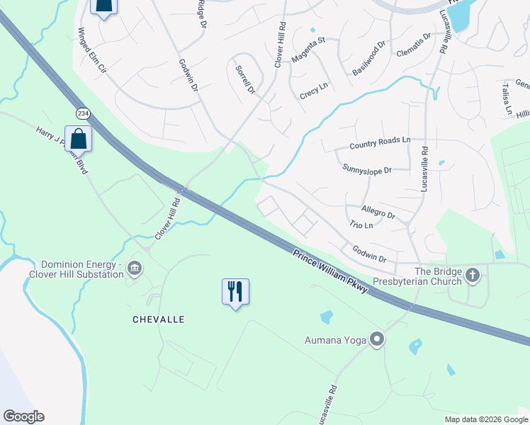 map of restaurants, bars, coffee shops, grocery stores, and more near 9831 Cheshire Ridge Circle in Manassas