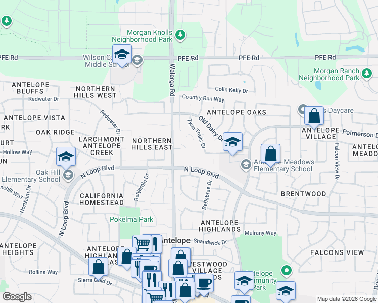 map of restaurants, bars, coffee shops, grocery stores, and more near 8434 Walerga Road in Antelope
