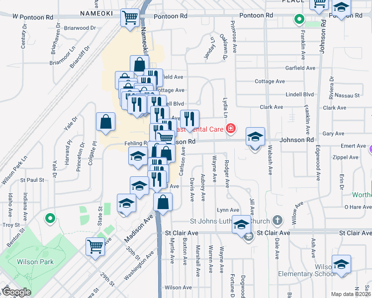 map of restaurants, bars, coffee shops, grocery stores, and more near 3256 Carlson Avenue in Granite City