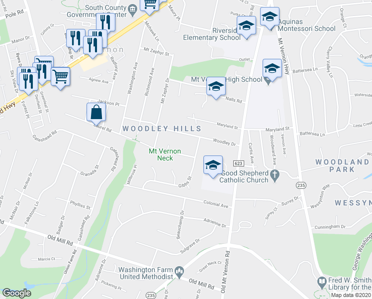 map of restaurants, bars, coffee shops, grocery stores, and more near 3908 Laurel Road in Alexandria