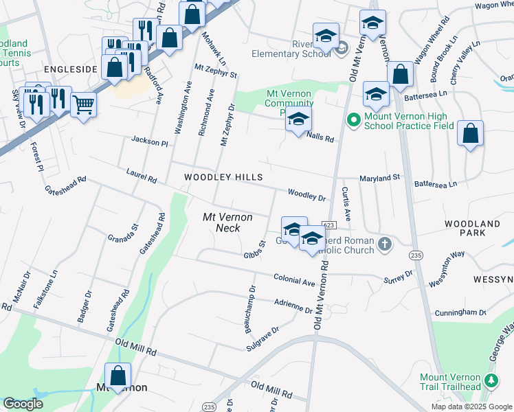 map of restaurants, bars, coffee shops, grocery stores, and more near 3908 Laurel Road in Alexandria