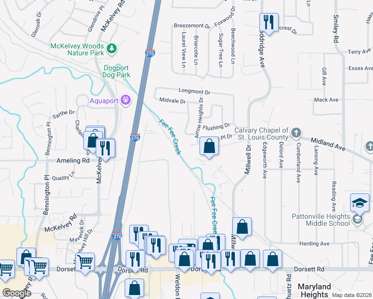 map of restaurants, bars, coffee shops, grocery stores, and more near 11922 Wexford Place Drive in Maryland Heights