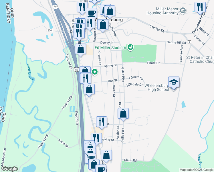 map of restaurants, bars, coffee shops, grocery stores, and more near 8516 Granite Street in Wheelersburg