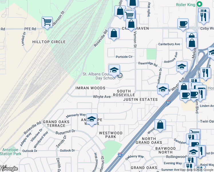 map of restaurants, bars, coffee shops, grocery stores, and more near 638 Vernon Oaks Drive in Roseville