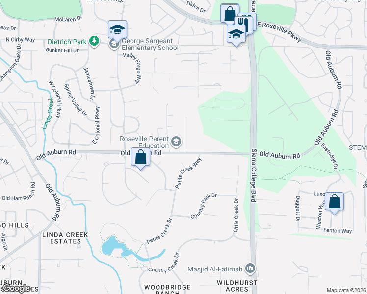 map of restaurants, bars, coffee shops, grocery stores, and more near 3685 Old Auburn Road in Roseville