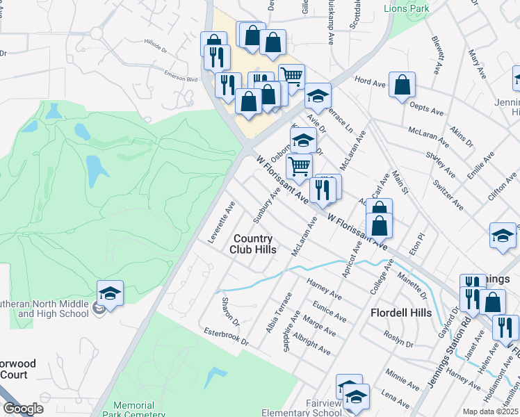 map of restaurants, bars, coffee shops, grocery stores, and more near 7500 Calvin Avenue in St. Louis