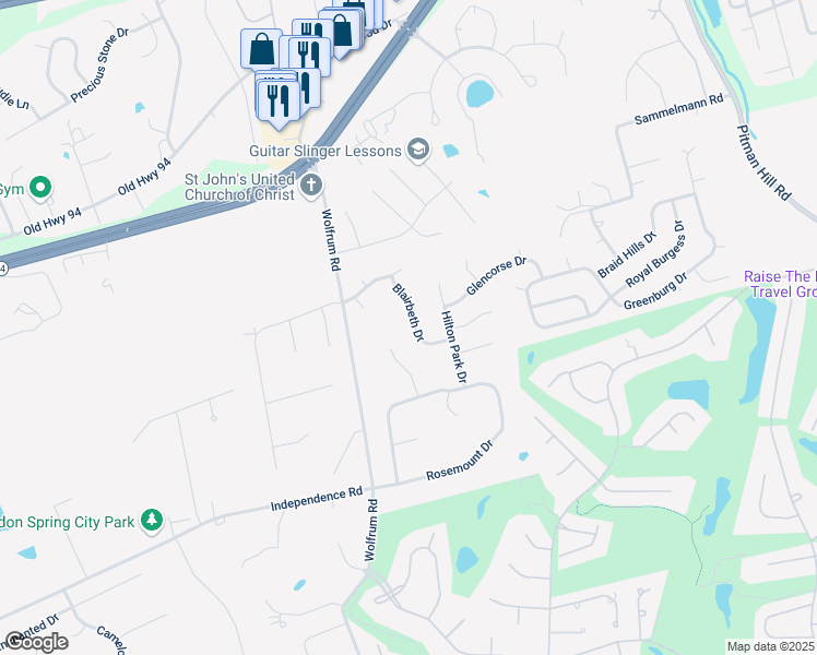 map of restaurants, bars, coffee shops, grocery stores, and more near 741 Blairbeth Drive in Weldon Spring