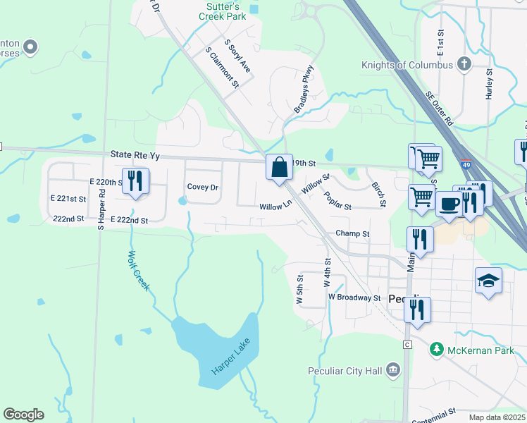 map of restaurants, bars, coffee shops, grocery stores, and more near 615 Willow Lane in Peculiar