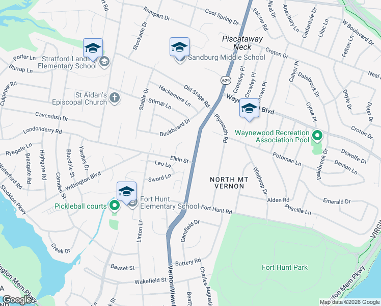 map of restaurants, bars, coffee shops, grocery stores, and more near 8628 Fort Hunt Road in Alexandria