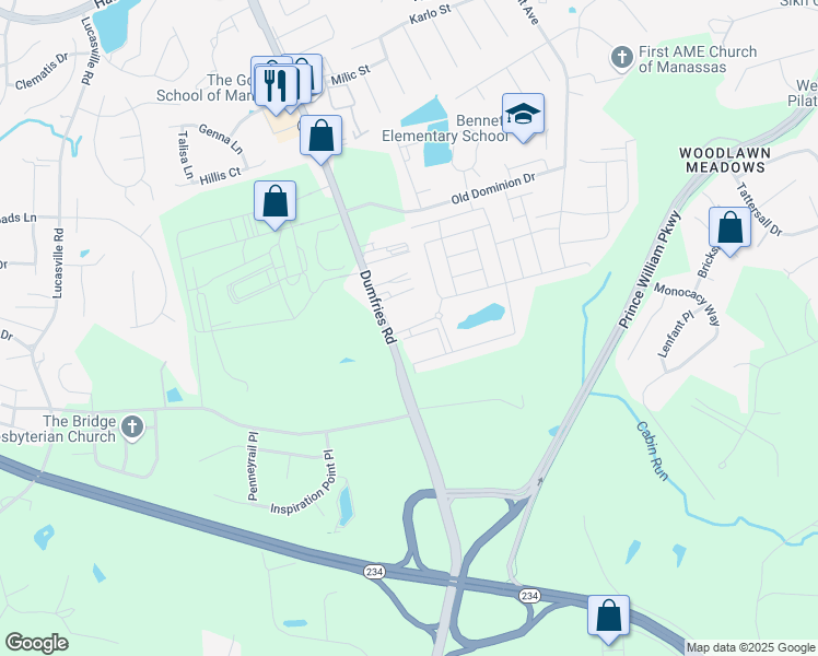 map of restaurants, bars, coffee shops, grocery stores, and more near 8931 Garrett Way in Manassas