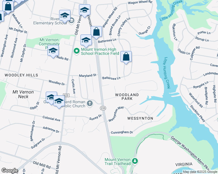 map of restaurants, bars, coffee shops, grocery stores, and more near 8631 Mount Vernon Highway in Alexandria