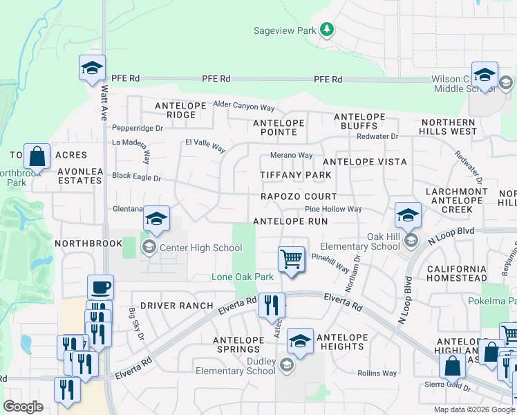 map of restaurants, bars, coffee shops, grocery stores, and more near 8427 Rock Bound Court in Antelope