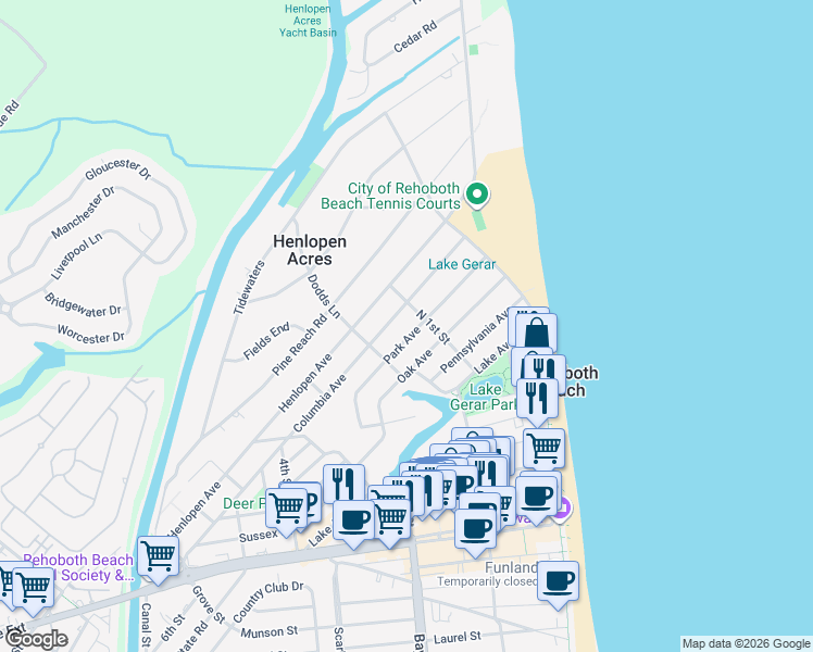 map of restaurants, bars, coffee shops, grocery stores, and more near 43 Park Avenue in Rehoboth Beach