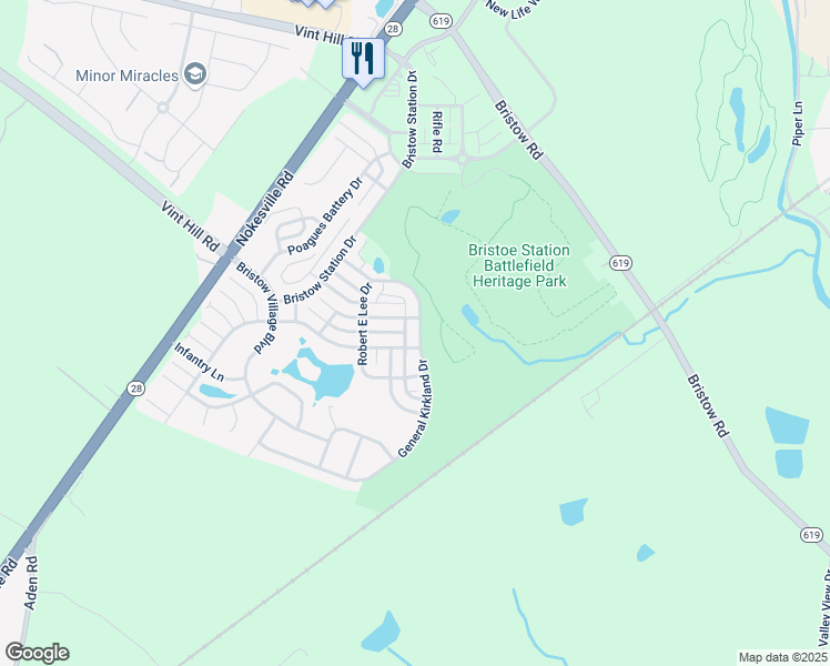 map of restaurants, bars, coffee shops, grocery stores, and more near 10748 General Kirkland Drive in Bristow