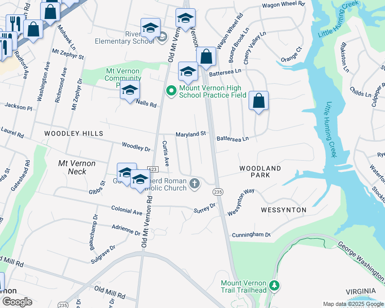 map of restaurants, bars, coffee shops, grocery stores, and more near 8635 Woodward Avenue in Alexandria