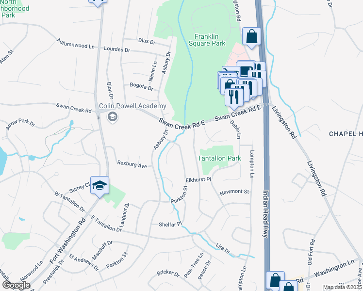 map of restaurants, bars, coffee shops, grocery stores, and more near 12210 Parkton Street in Fort Washington