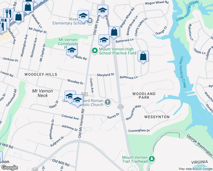 map of restaurants, bars, coffee shops, grocery stores, and more near 8635 Woodward Avenue in Alexandria