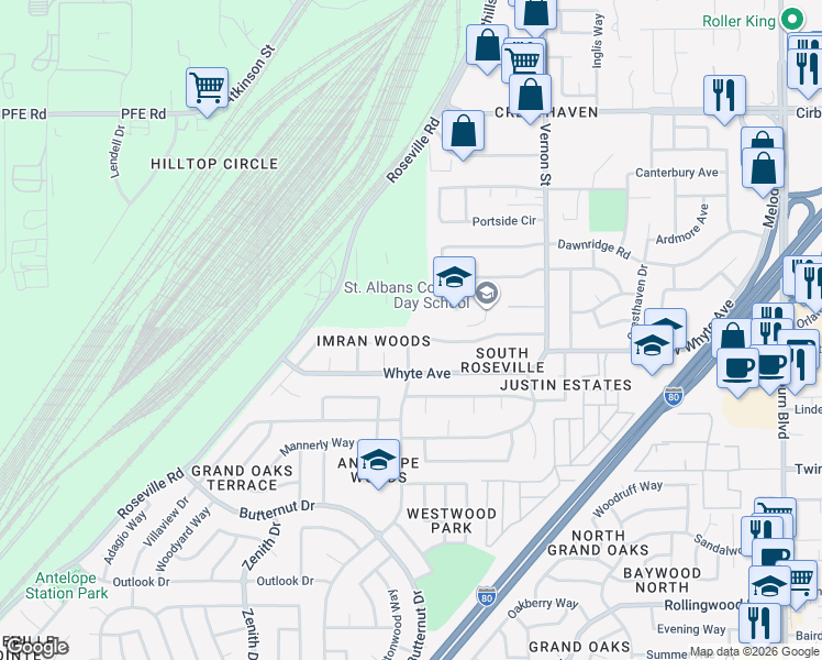 map of restaurants, bars, coffee shops, grocery stores, and more near 648 Vernon Oaks Drive in Roseville