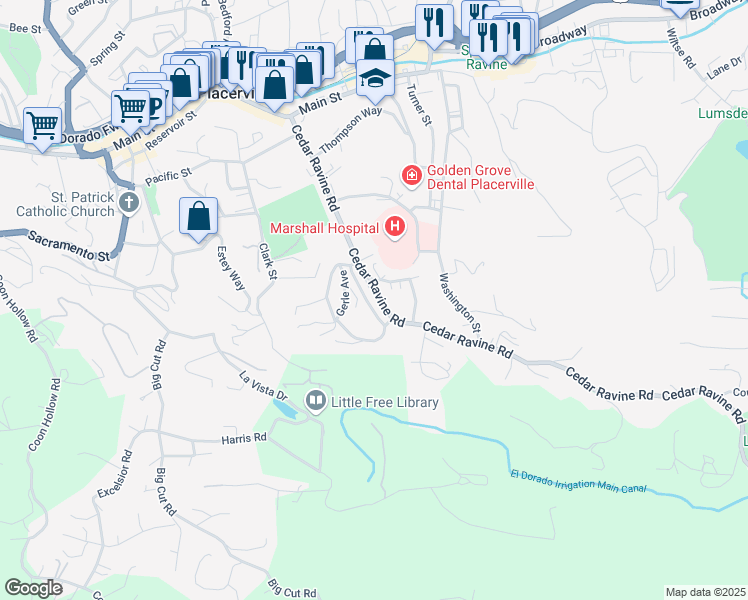 map of restaurants, bars, coffee shops, grocery stores, and more near 3229 Francis Avenue in Placerville