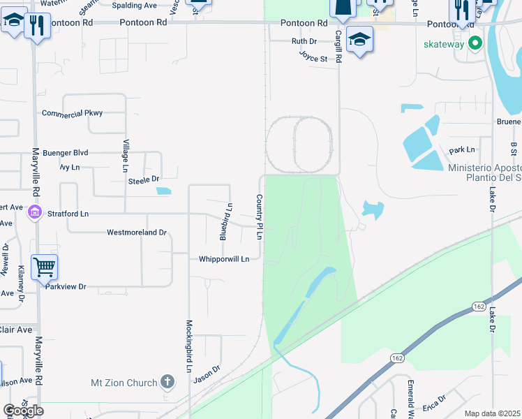 map of restaurants, bars, coffee shops, grocery stores, and more near 3300 Country Place Lane in Granite City
