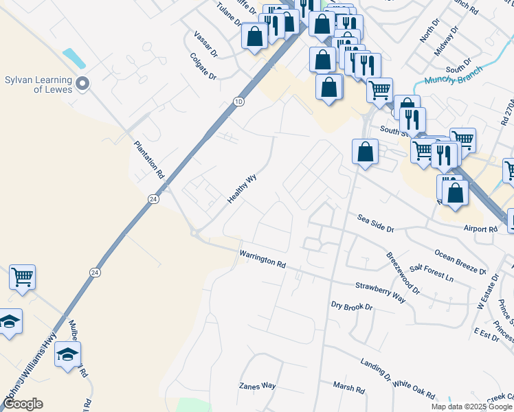 map of restaurants, bars, coffee shops, grocery stores, and more near 18229 Candy Harbor Cove in Rehoboth Beach