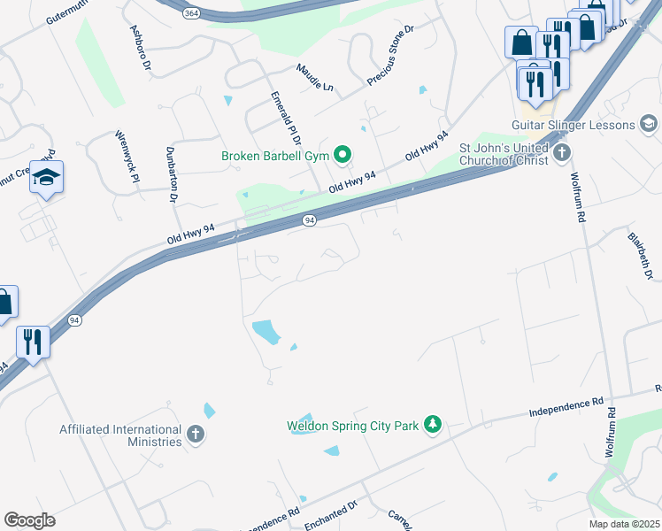 map of restaurants, bars, coffee shops, grocery stores, and more near 629 Breeze View Lane in St. Charles