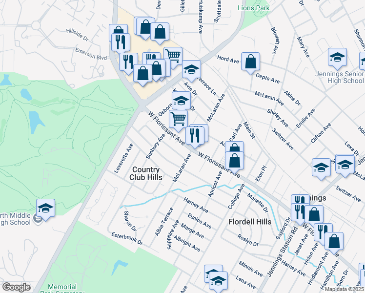 map of restaurants, bars, coffee shops, grocery stores, and more near 7408 West Florissant Avenue in St. Louis