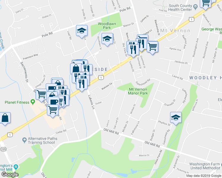 map of restaurants, bars, coffee shops, grocery stores, and more near 8886 Walutes Circle in Alexandria