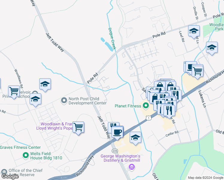 map of restaurants, bars, coffee shops, grocery stores, and more near 5708 Shadwell Court in Alexandria