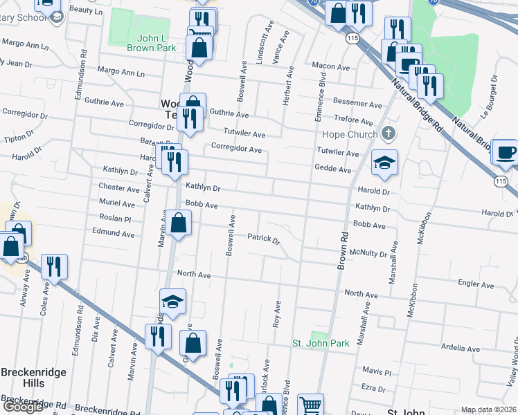 map of restaurants, bars, coffee shops, grocery stores, and more near 9082 Bobb Avenue in St. Louis