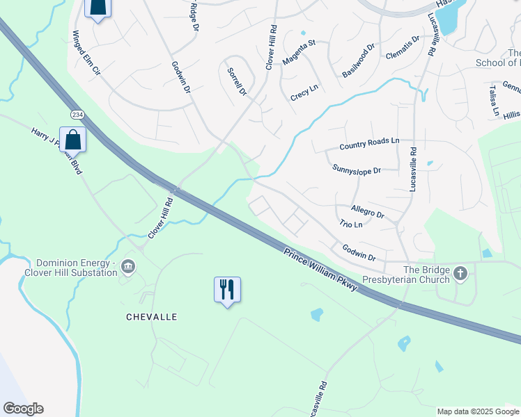 map of restaurants, bars, coffee shops, grocery stores, and more near 9841 Cheshire Ridge Circle in Manassas