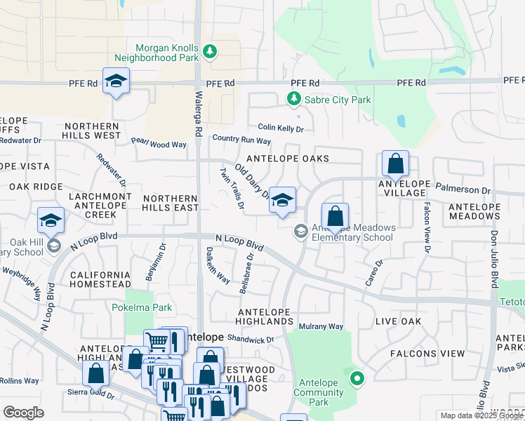 map of restaurants, bars, coffee shops, grocery stores, and more near 8426 Twin Trails Drive in Antelope