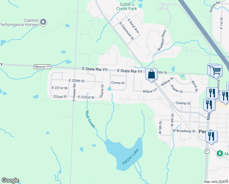 map of restaurants, bars, coffee shops, grocery stores, and more near 825 Quail Ridge Road in Peculiar