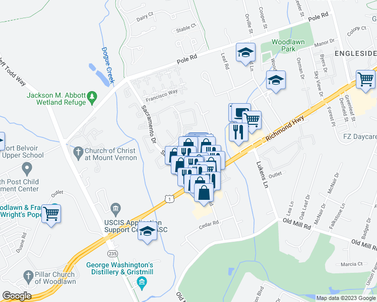 map of restaurants, bars, coffee shops, grocery stores, and more near 8626 Beekman Place in Alexandria