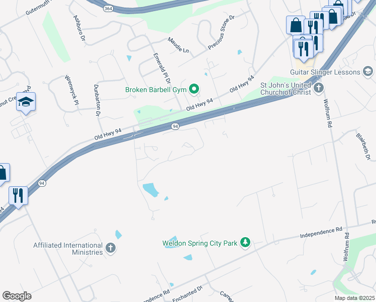 map of restaurants, bars, coffee shops, grocery stores, and more near 600 Breeze Park Drive in Weldon Spring