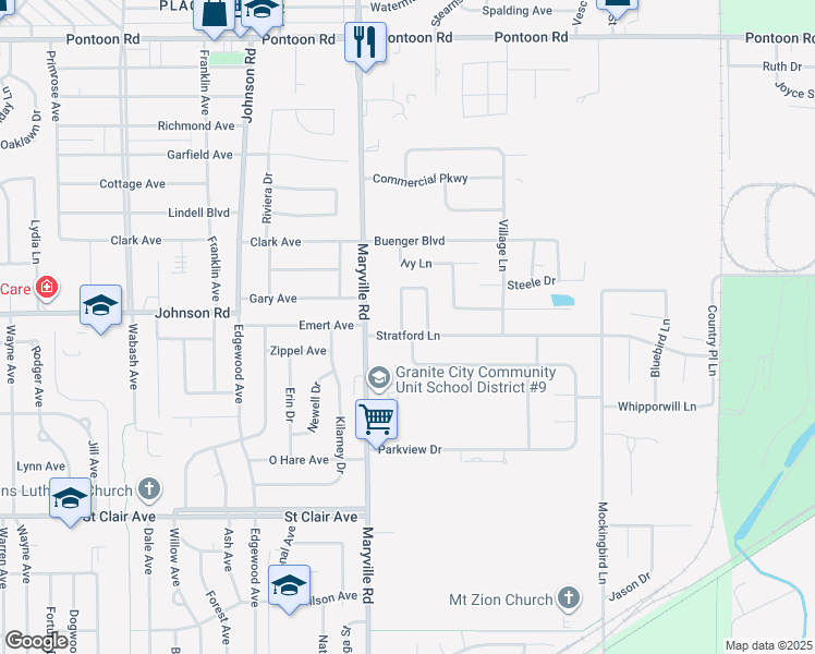 map of restaurants, bars, coffee shops, grocery stores, and more near 3300 Wilshire Drive in Granite City
