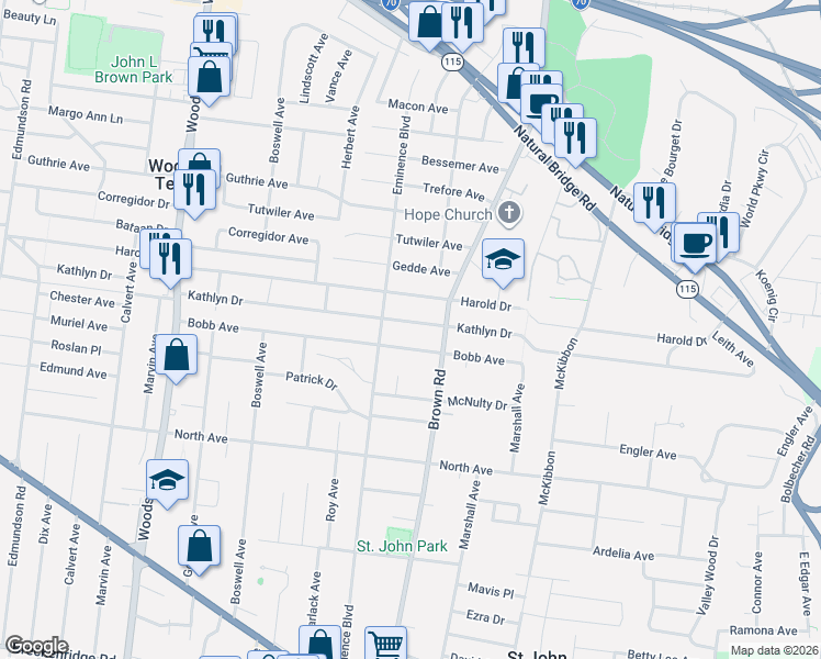 map of restaurants, bars, coffee shops, grocery stores, and more near 8933 Bobb Avenue in St. Louis