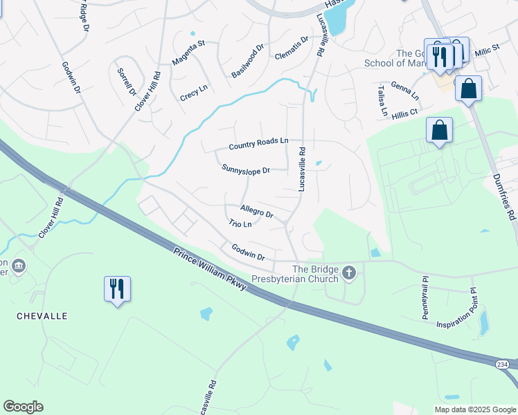 map of restaurants, bars, coffee shops, grocery stores, and more near 9540 Allegro Drive in Manassas