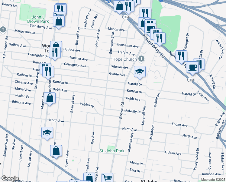 map of restaurants, bars, coffee shops, grocery stores, and more near 8933 Bobb Avenue in St. Louis